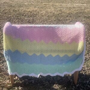 Afghan Blanket Crocheted Pastel Chevron Ripple Pattern Homemade 36"x48" Easter